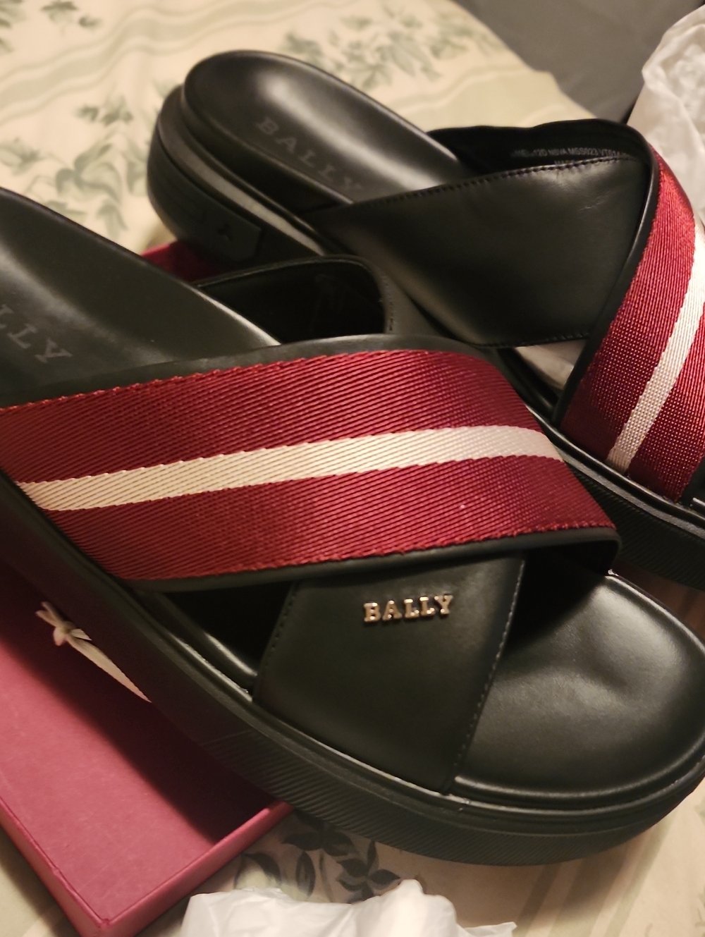 Bally Black Slides with Red and White Striped Strap